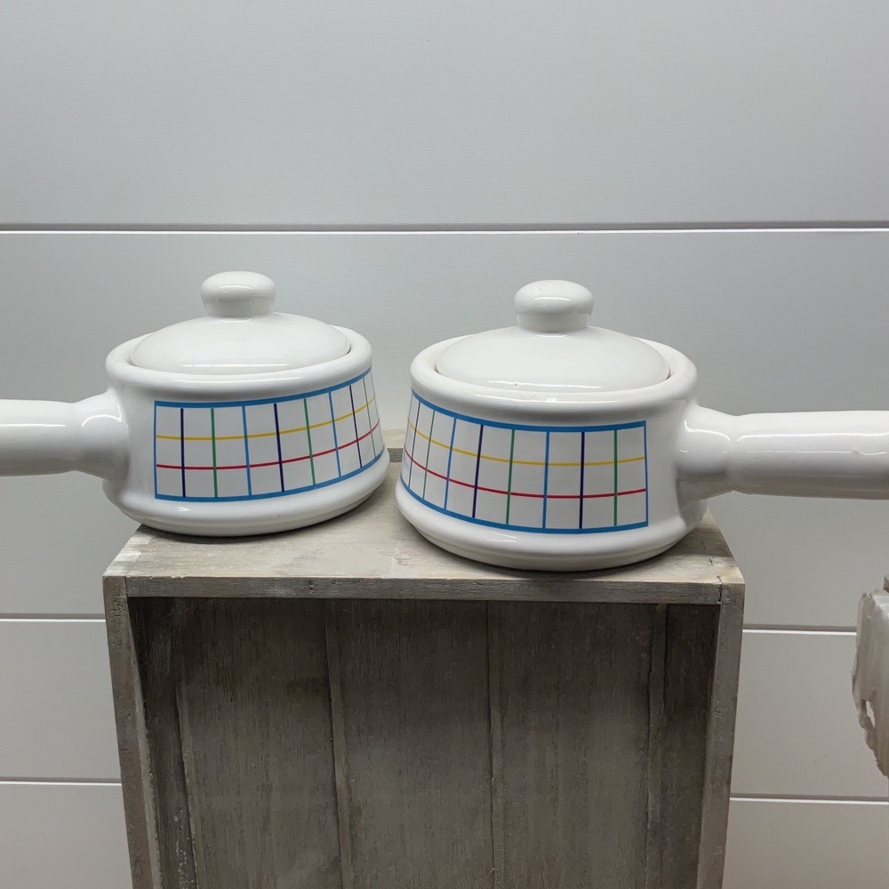Vintage Ceramic Soup Bowls with Lids Set of 2 White Primary Color Grid Handle